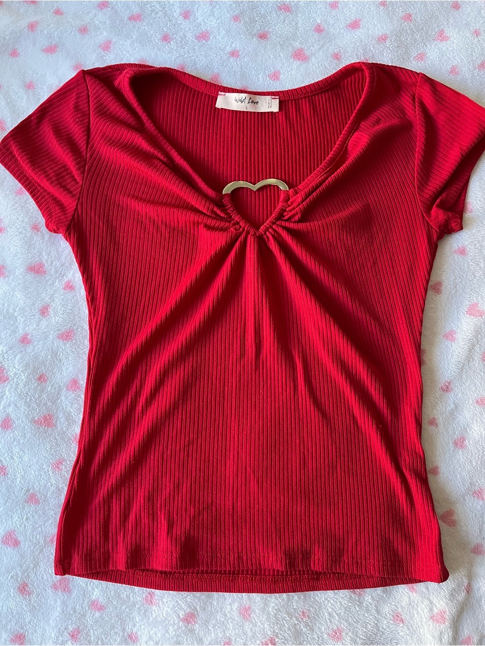 Wild Love Red Ribbed Short-Sleeve Tee with Heart Accent